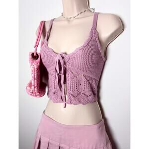 Pink Fairycore Crochet Knit Cami with Tie Front Details